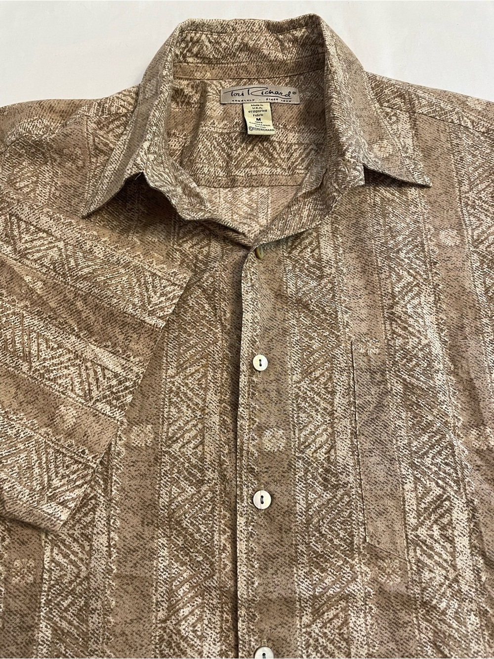 Vintage Tori Richard Hawaiian Shirt Cotton Lawn Made in USA Beige Men’s Medium
